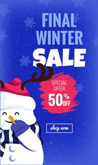 Winter sale poster. Beautiful winter background with snowflakes and snowman. Voucher discount. Vector illustration