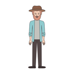 man with hat and jacket and pants and shoes with short hair and beard in colorful silhouette vector illustration