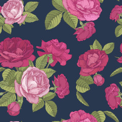 Vector floral seamless pattern with bouquets of red and pink roses on dark blue background in vintage style