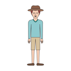 man with hat and sweater and short pants and shoes with short hair in colorful silhouette vector illustration