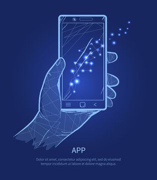 App Hand Holding Phone on Vector Illustration