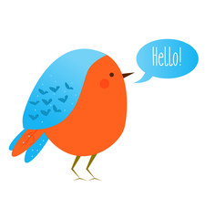 Cute kawaii bird with speech bubble saying Hello. Vector icon