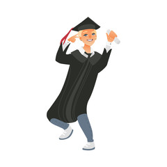 Happy boy, guy in graduation cap and gown holding diploma, showing victory sign, flat vector illustration isolated on white background. Portrait of happy blond graduating boy with diploma