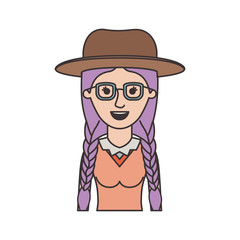 woman half body with hat and glasses and blouse with braided hair in colorful silhouette vector illustration