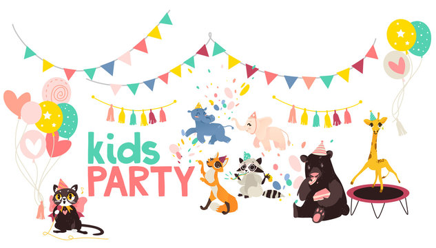 vector flat animals at party poster. Hippo and elephat running, cat singing at microphone, bear eats cake raccoon whistling, giraffe jumping at trampoline on background of confetti, balloons and flags