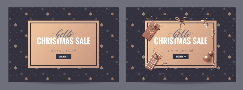 Hello christmas sale posters. Beautiful holiday background with snowflakes and decorations. Voucher discount. Vector illustration