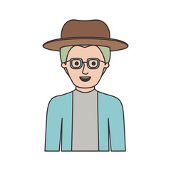man half body with hat and glasses and jacket with short hair in colorful silhouette vector illustration
