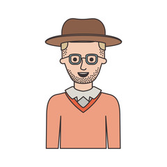 man half body with hat and glasses and sweater with short hair and stubble beard on colorful silhouette vector illustration