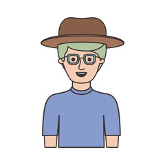 man half body with hat and glasses and t-shirt with short hair in colorful silhouette vector illustration