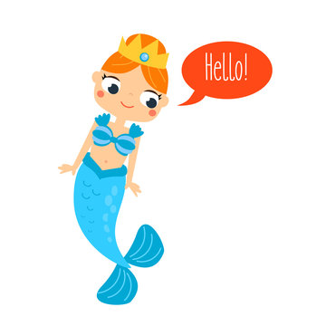 Mermaid saying Hello. Cute cartoon smiling mermaid chacrater
