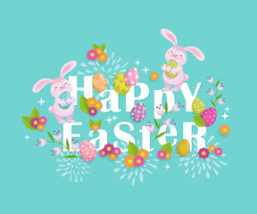 Happy Easter greeting card, postcard, banner design with lettering, cartoon bunnies, eggs, flowers, vector illustration. Happy Easter postcard, greeting card, banner template with bunny, eggs flower