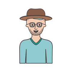 man half body with hat and glasses and sweater with short hair and stubble beard in colorful silhouette vector illustration