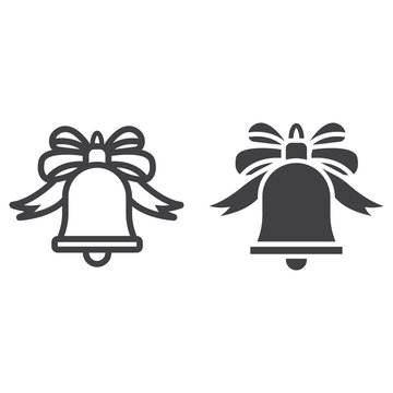 Christmas bell with bow line and glyph icon, New year and Christmas, ribbon sign vector graphics, a linear pattern on a white background, eps 10.