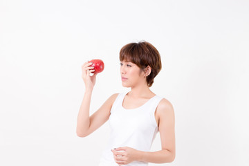 Beautifulyoung Asia woman with healthy food. Isolated on white background. Studio lighting. Concept for healthy.