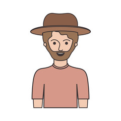 man half body with hat and t-shirt with short hair and beard in colorful silhouette vector illustration