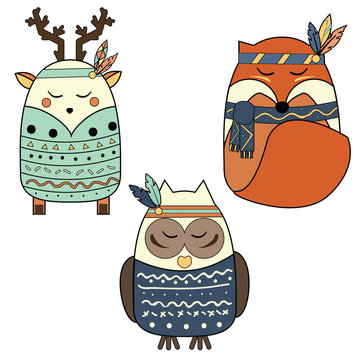 winter boho animals in hand drawn style. Deer, fox, owl