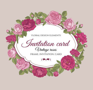 Vector floral frame with red and pink roses in vintage style. Invitation card with hand drawn flowers 