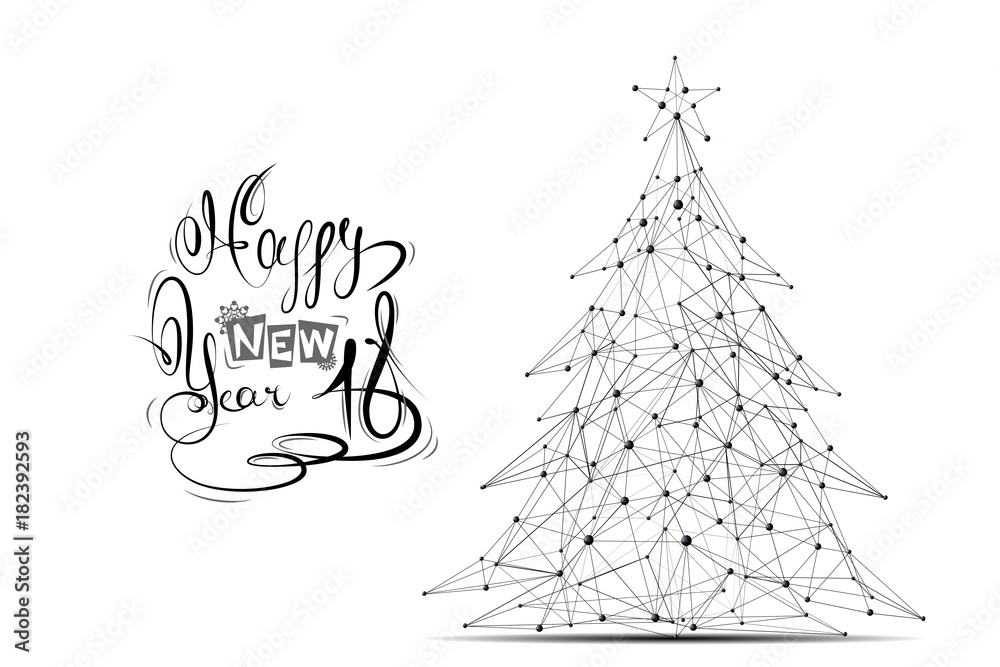 Poster abstract mash line and point christmas tree on white background with an inscription. starry sky or s