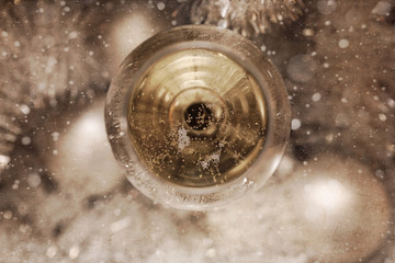 Artwork in painting style, glass of champagne, Christmas decoration