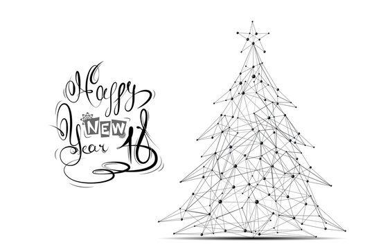 Abstract mash line and point Christmas tree on white background with an inscription. Starry sky or space, consisting of stars and the universe. Vector happy new year illustration