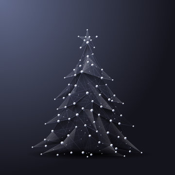 Christmas tree low poly wireframe. Vector polygonal image in the form of a starry sky or space consisting of points, lines, and shapes in the form of stars with destruct shapes. Happy New Year concept