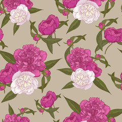 Vector floral seamless pattern with bouquets of hand drawn pink and white peonies in vintage style 