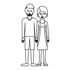 couple monochrome silhouette and him with t-shirt long sleeve and short pants and shoes with high fade haircut and stubble beard and her with blouse and jacket and skirt and heel shoes with short hair
