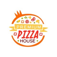 Round flat pizza house logo template concept with abstract vegetables and sausage. Fast food business label. Vector on white.