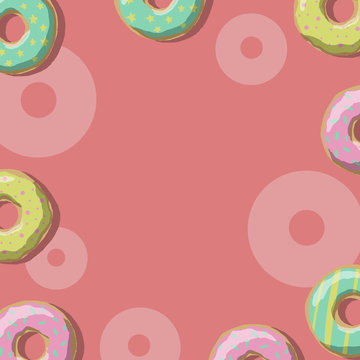 Illustration of sweet donuts of yellow, pink and green on a red background