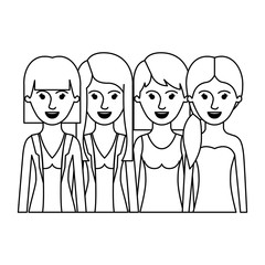 women in half body with casual clothes and long and short hair and hairstyle mushroom layered and pigtail in monochrome silhouette vector illustration