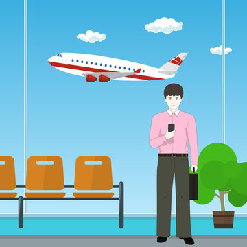 Waiting Room at the Airport, European Businessman with a Briefcase on the Background of a Window with a Flying Airplane, Business Tourism , Vector Illustration