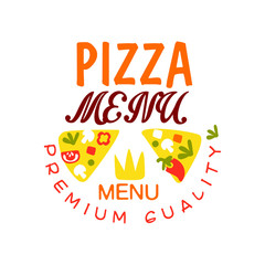 Flat vector typography logo design with vegetable pizza slices. Emblem for cafe menu, restaurant, food delivery company.