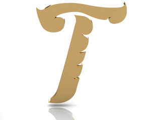 3d rendering of the letter T in gold metal on a white background.