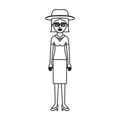 woman with hat and glasses and blouse and skirt and heel shoes with short straight hair in monochrome silhouette vector illustration