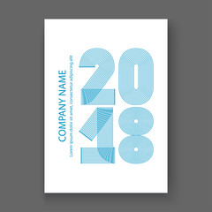 Cover Annual Report numbers 2018, modern design blue on white background vertical, year 2018 in thin lines striped minimalist, numbers written with a pen, vector illustration