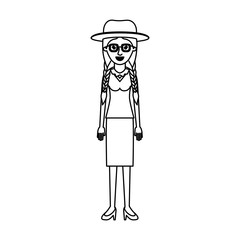 woman with hat and glasses and blouse and skirt and heel shoes with braided hair in monochrome silhouette vector illustration