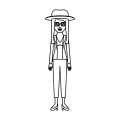 woman with hat and glasses and blouse with jacket and pants and heel shoes with layered hair in monochrome silhouette vector illustration
