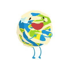 Happy smiling cartoon Earth planet character, funny globe emoji vector Illustration