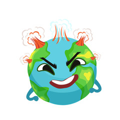 Angry Earth planet character with volcanoes erupting, cute globe with face and hands vector Illustration