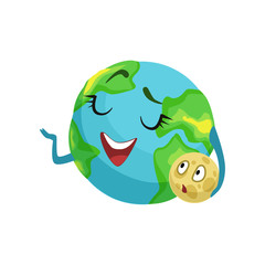 Happy Earth planet character holding moon in its hand, cute globe with smiley face and hands vector Illustration