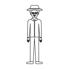 man with hat and glasses and shirt and pants and shoes with short hair and moustache in monochrome silhouette vector illustration