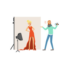 Angry man photographer with camera yelling at model girl in long red dress. Professional studio with equipment soft box and backdrop on stand. Isolated flat vector