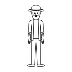man with hat and jacket and pants and shoes with short hair and beard in monochrome silhouette vector illustration