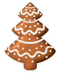 Christmas gingerbread. Xmas tree cookie. Decorated white icing. Isolated on white background. Holiday vector Illustration.