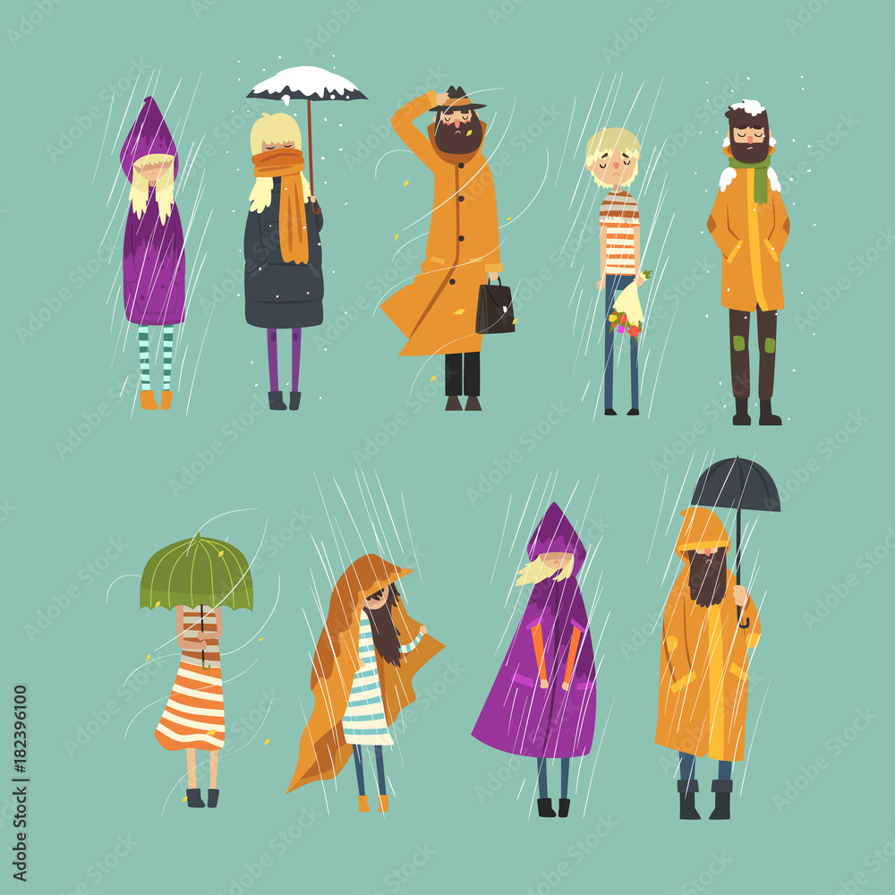 Canvas Prints Cartoon flat people characters set freezing outside. Rainy and snowy weather. Boy with bouquet of flowers, man in raincoat, girl with umbrella