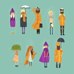 Cartoon flat people characters set freezing outside. Rainy and snowy weather. Boy with bouquet of flowers, man in raincoat, girl with umbrella