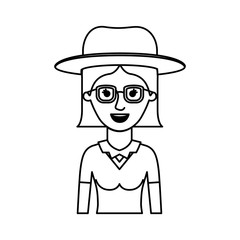 woman half body with hat and glasses and blouse with short straight hair in monochrome silhouette vector illustration