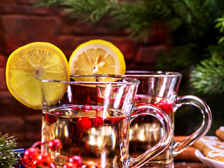 Close up of pair mug decoration lemon slice hot drink. Red berries into glass. Romantic atmosphere...