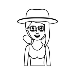 woman half body with hat and glasses and t-shirt sleeveless with collected hair and fringe in monochrome silhouette vector illustration