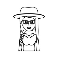 woman half body with hat and glasses and blouse long sleeve with braid and fringe hairstyle in monochrome silhouette vector illustration